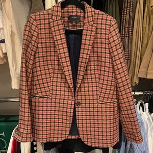J. Crew Women's Tan Wool Blazer with Pink and Navy Plaid